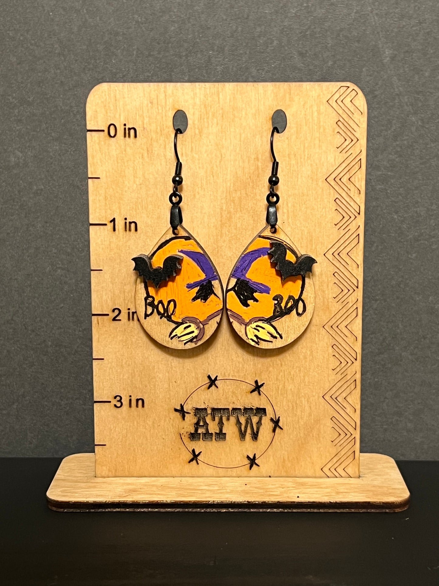 Hand Painted Wood Witch Halloween Dangle Earrings