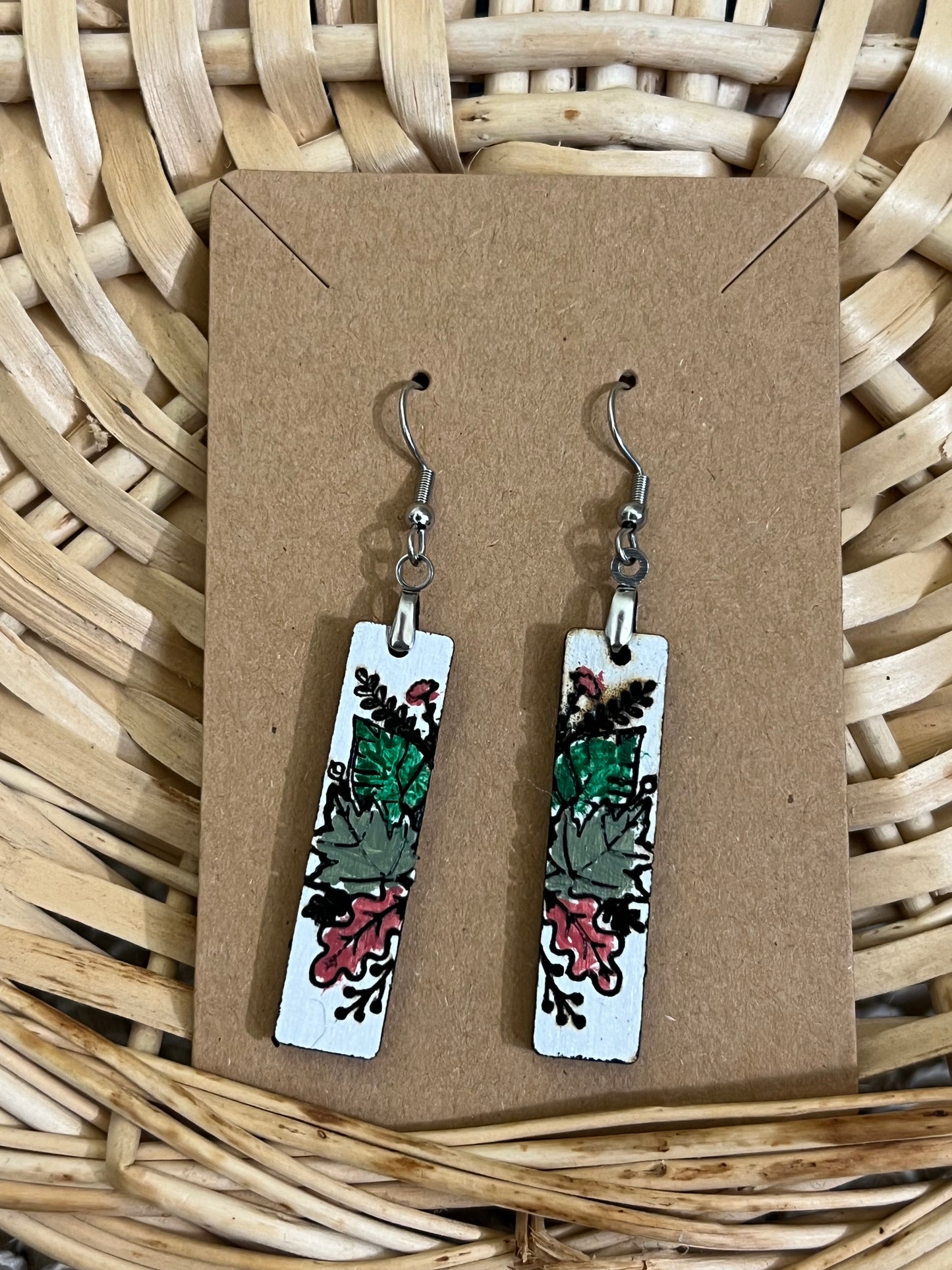 Hand painted Wood Rectangle Dangle Earrings for Fall