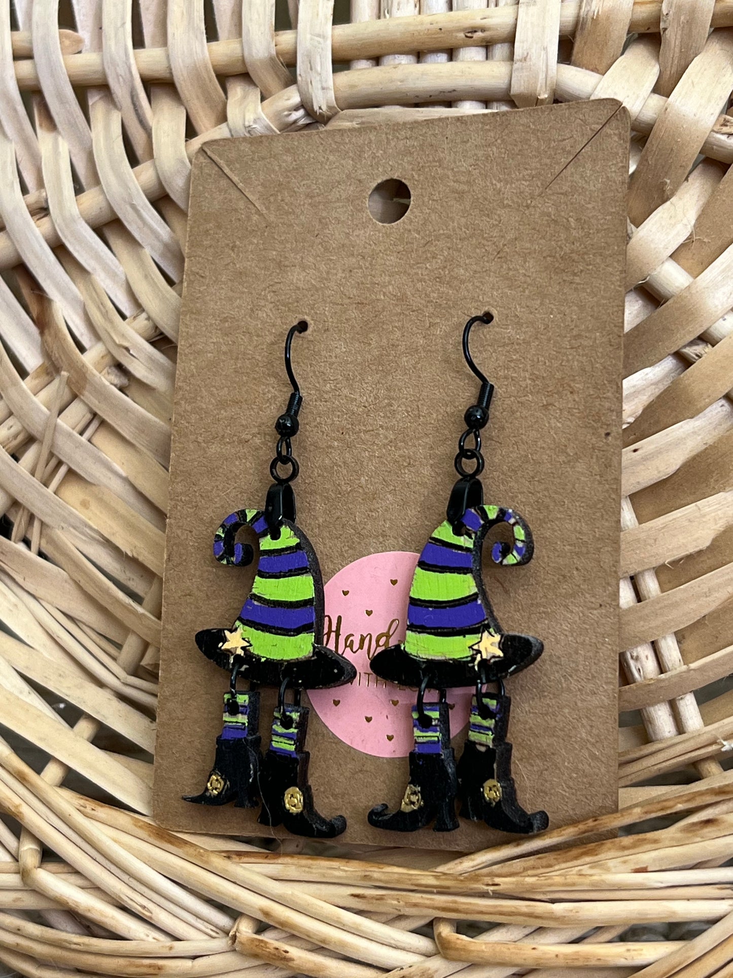 Whimsical Wood Witch Hat and Legs Dangle Earrings for Halloween