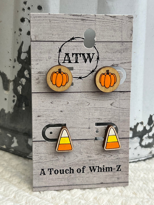 Bright Colored Fall and Halloween Twin Pack Wood Stud Earrings