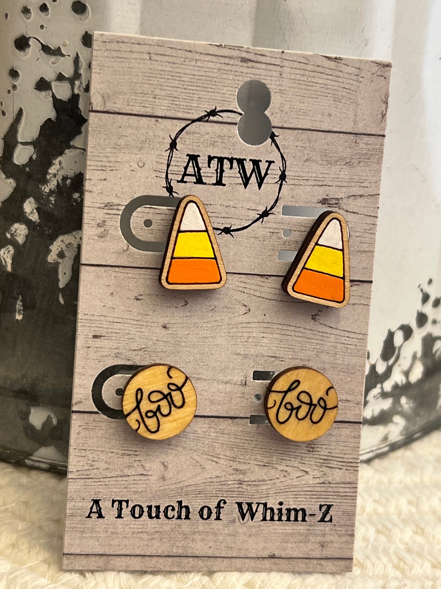 Bright Colored Fall and Halloween Twin Pack Wood Stud Earrings