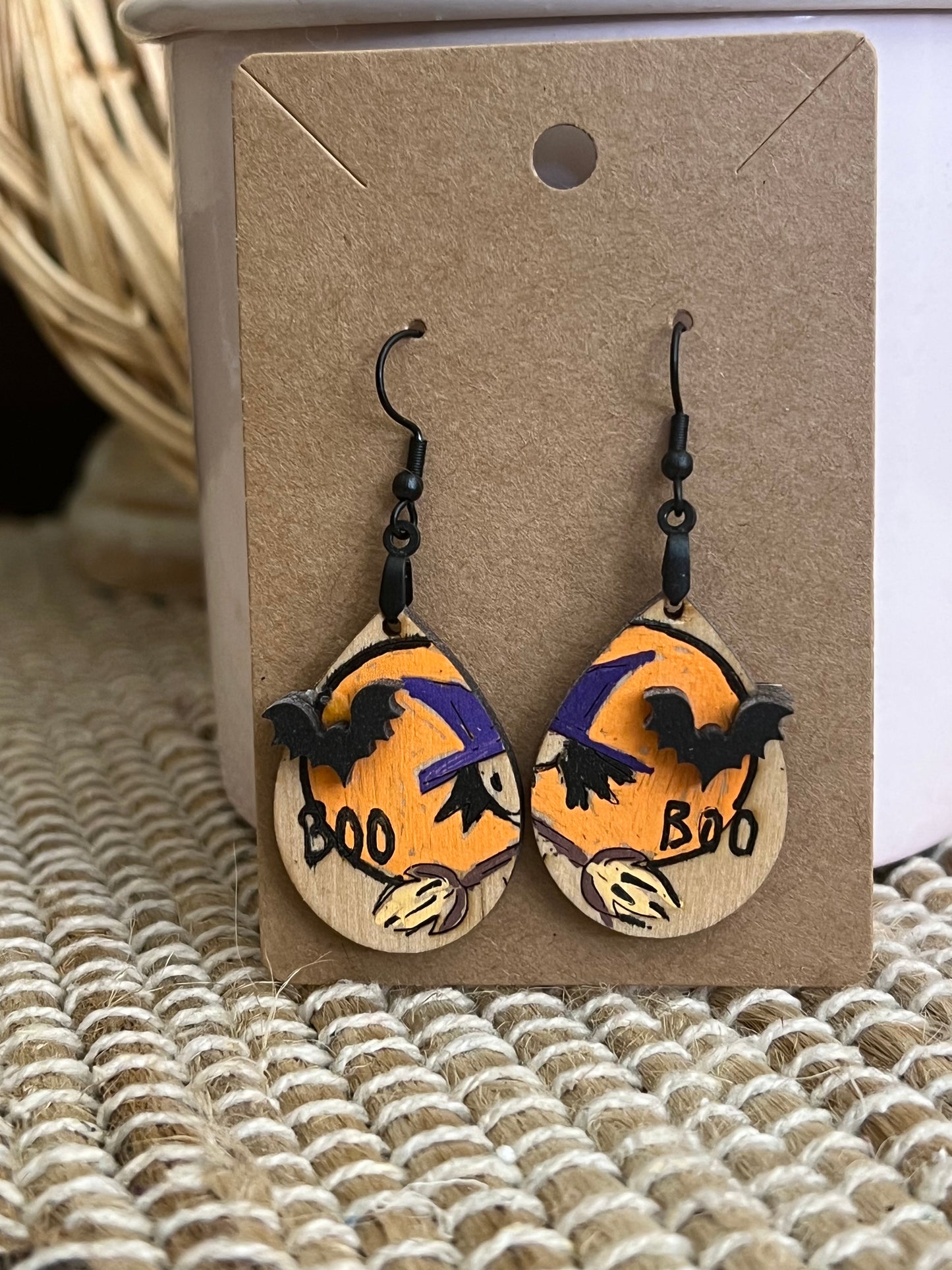 Hand Painted Wood Witch Halloween Dangle Earrings