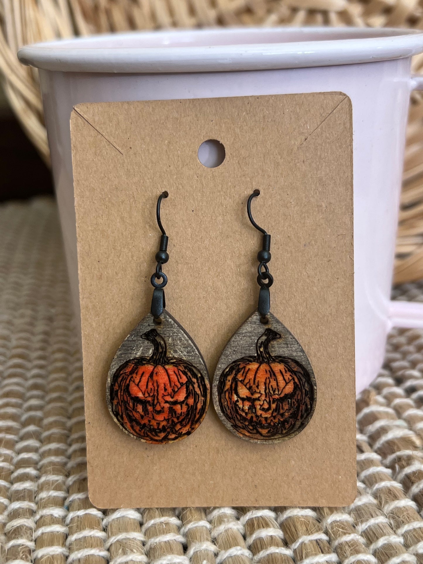 Hand Painted Wood Dangle Angry Pumpkin Halloween Earrings