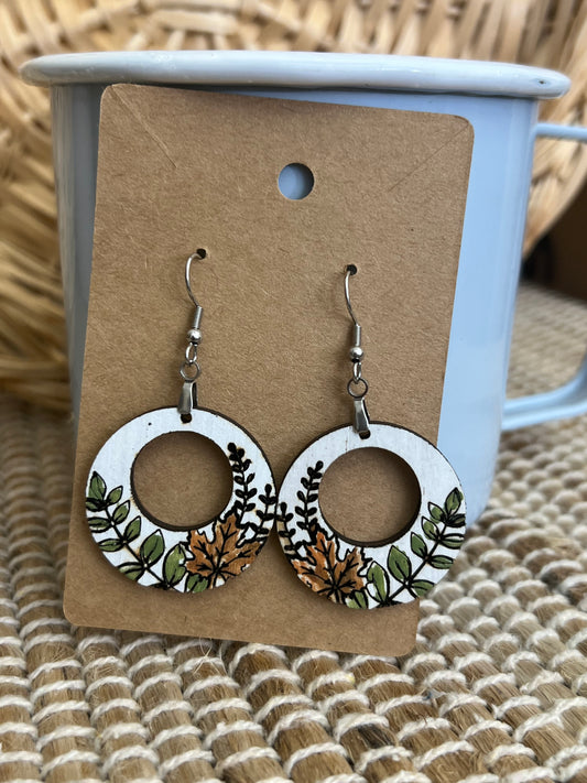 Round Cut-out Wood Hand Painted Dangle Earrings for Fall