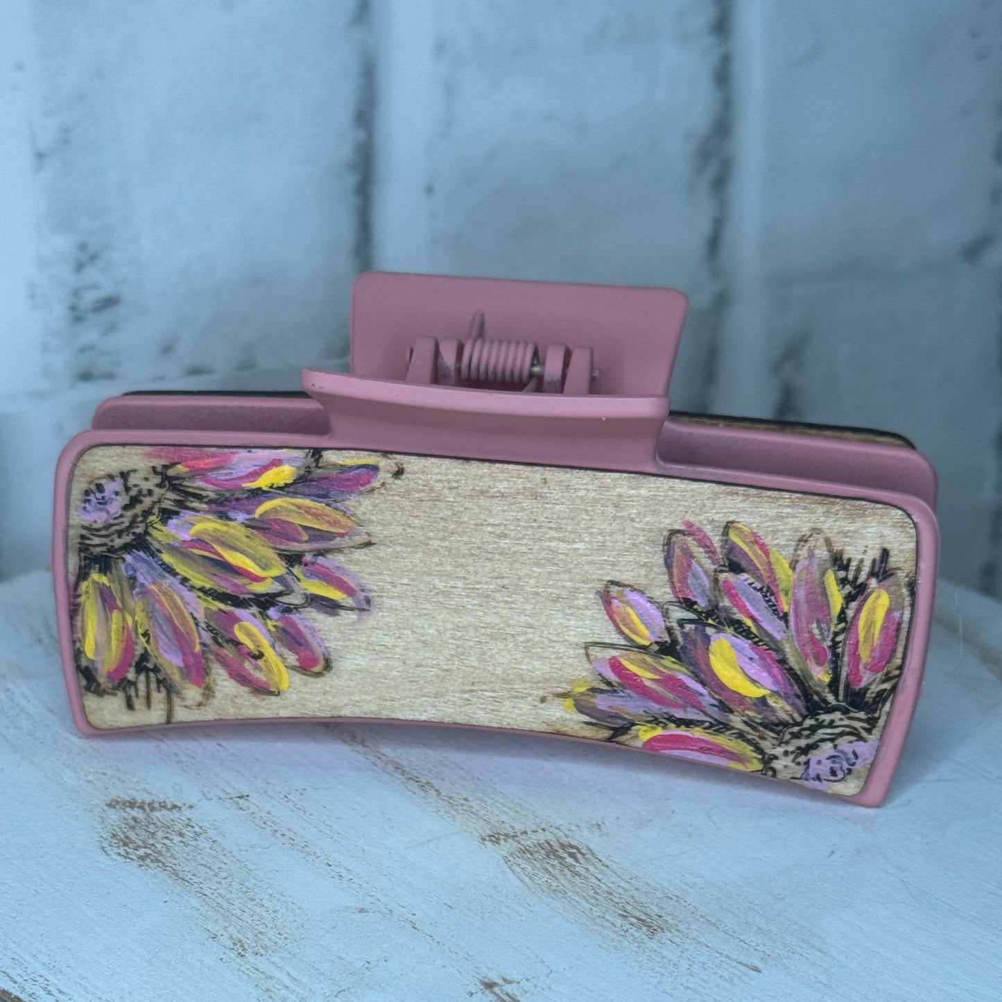 One of a Kind Hand-painted Sunflower Wood Cover Hair Clip