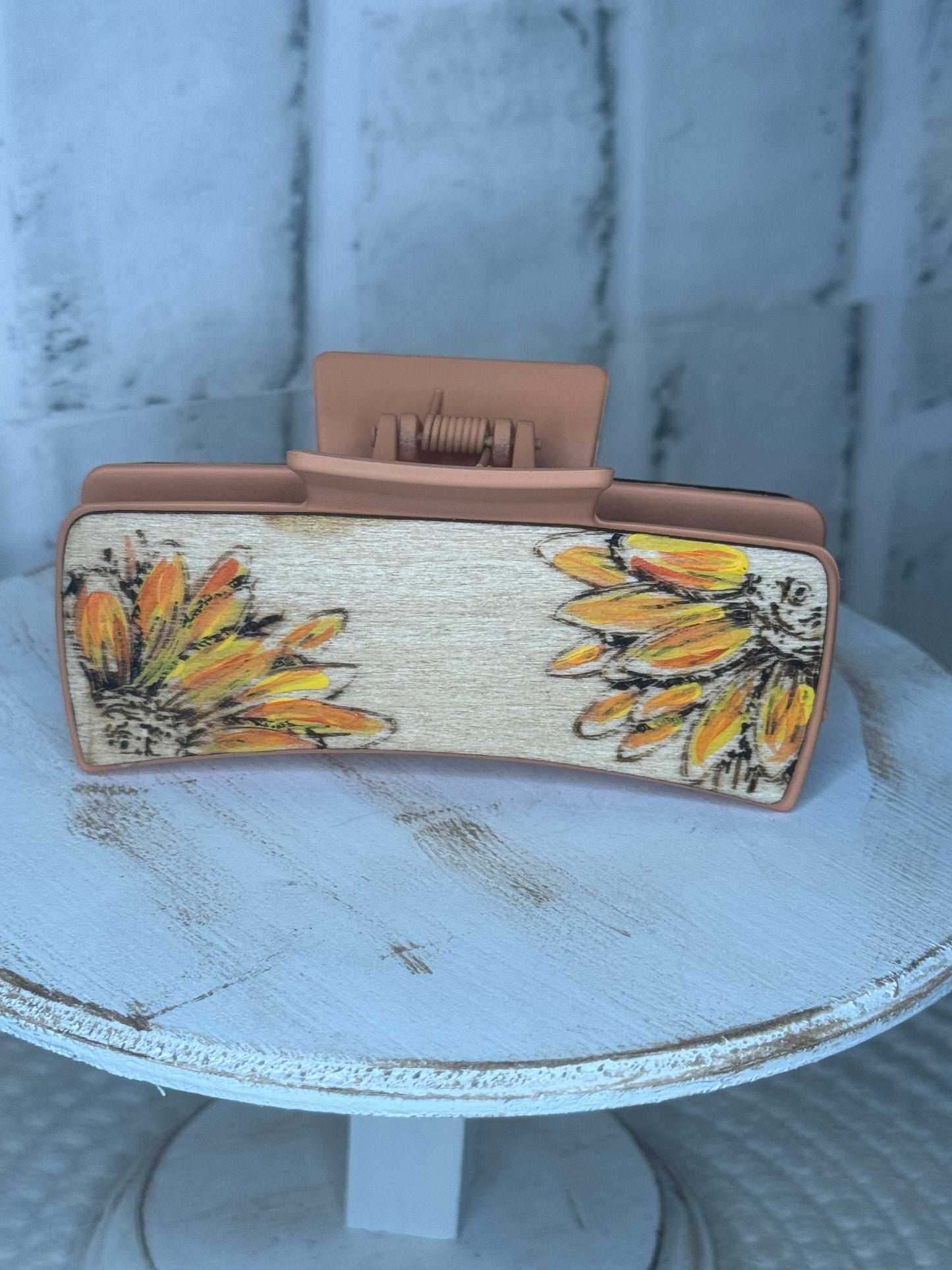 One of a Kind Hand-painted Sunflower Wood Cover Hair Clip