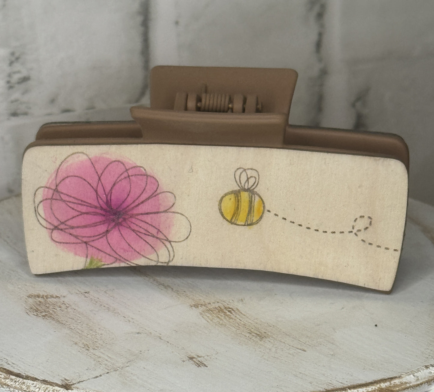 Bees and Flowers Wood Cover Hair Claw