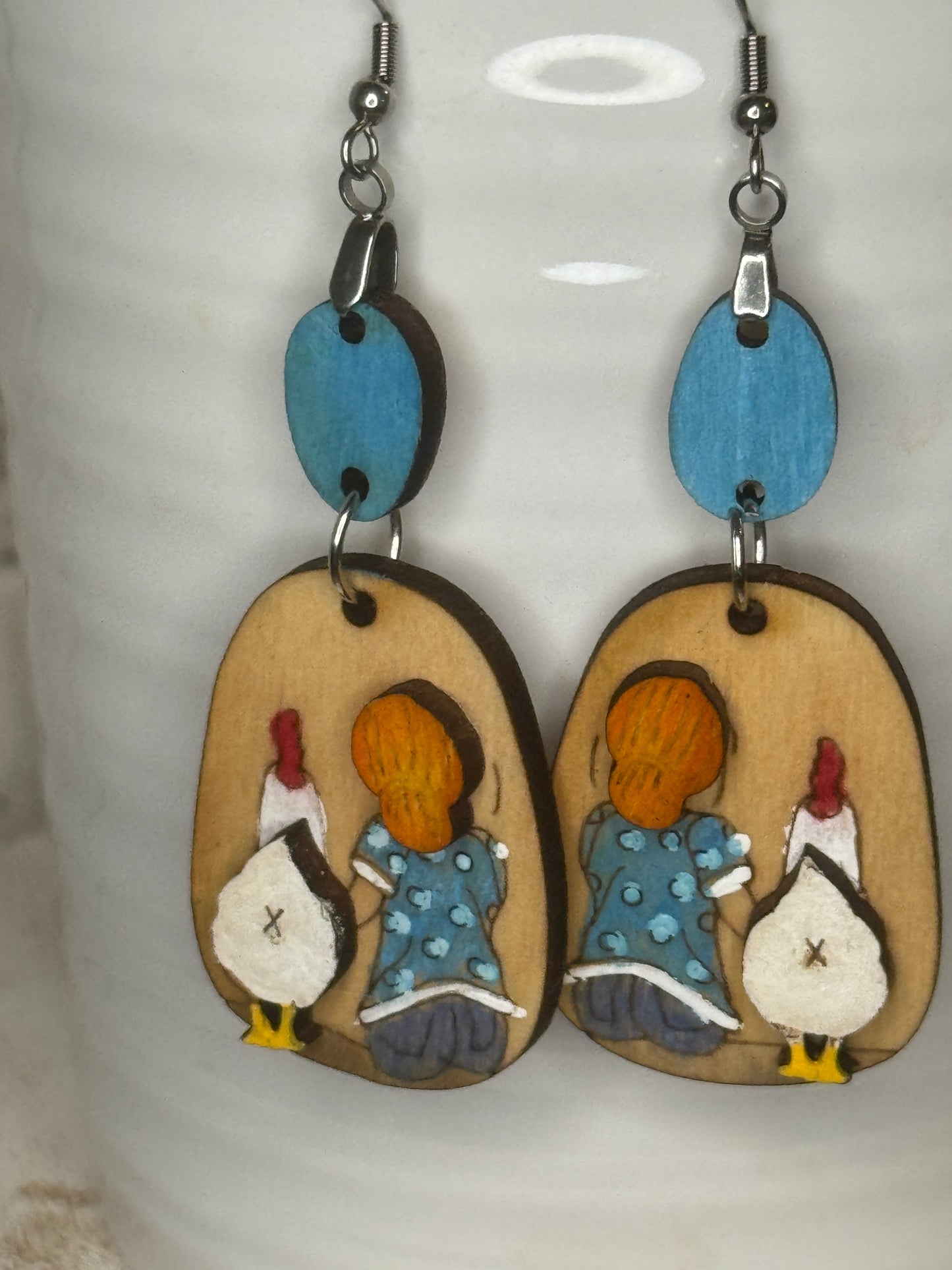 A Girl with her Chicken Dangle 2 pc Earrings