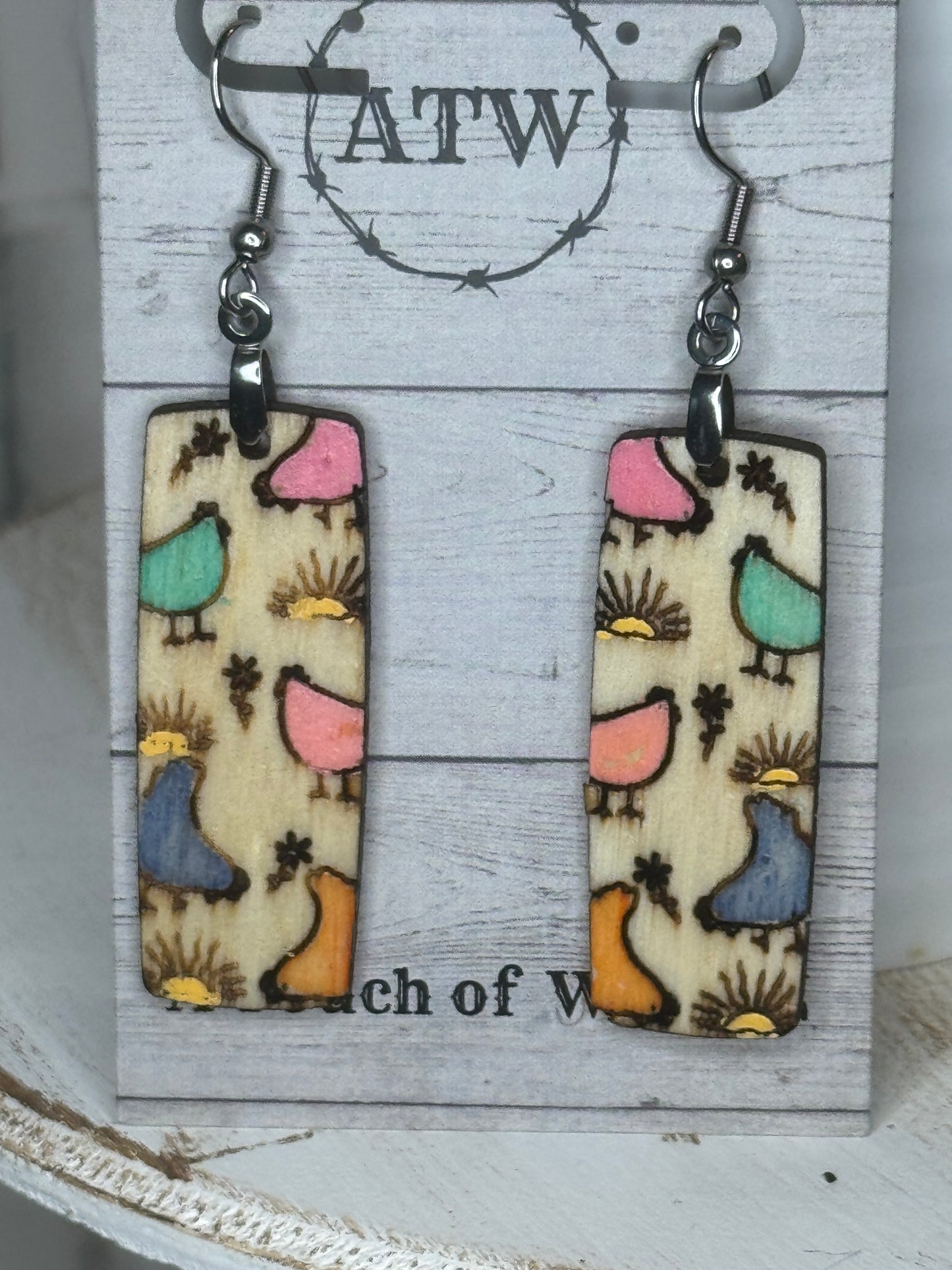 Chickens and Sunrise Bar Dangle Earrings