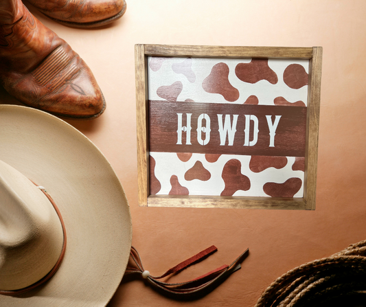 Cow Print Wood Howdy Sign for Wall Hanging